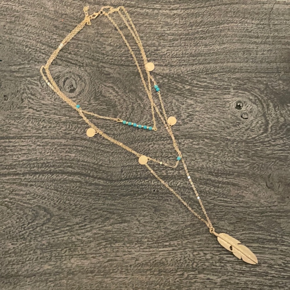 BoHo gold tone necklace with feather,  turquoise